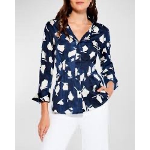Nic+Zoe Mosaic Indigo Multi Abstract Print Pleated Waist Button Down Shirt S Nwt